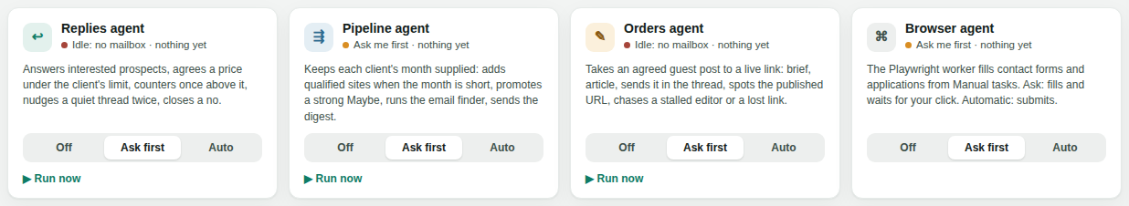 The four LinqDesk agents, each with an Off, Ask first and Auto mode switch