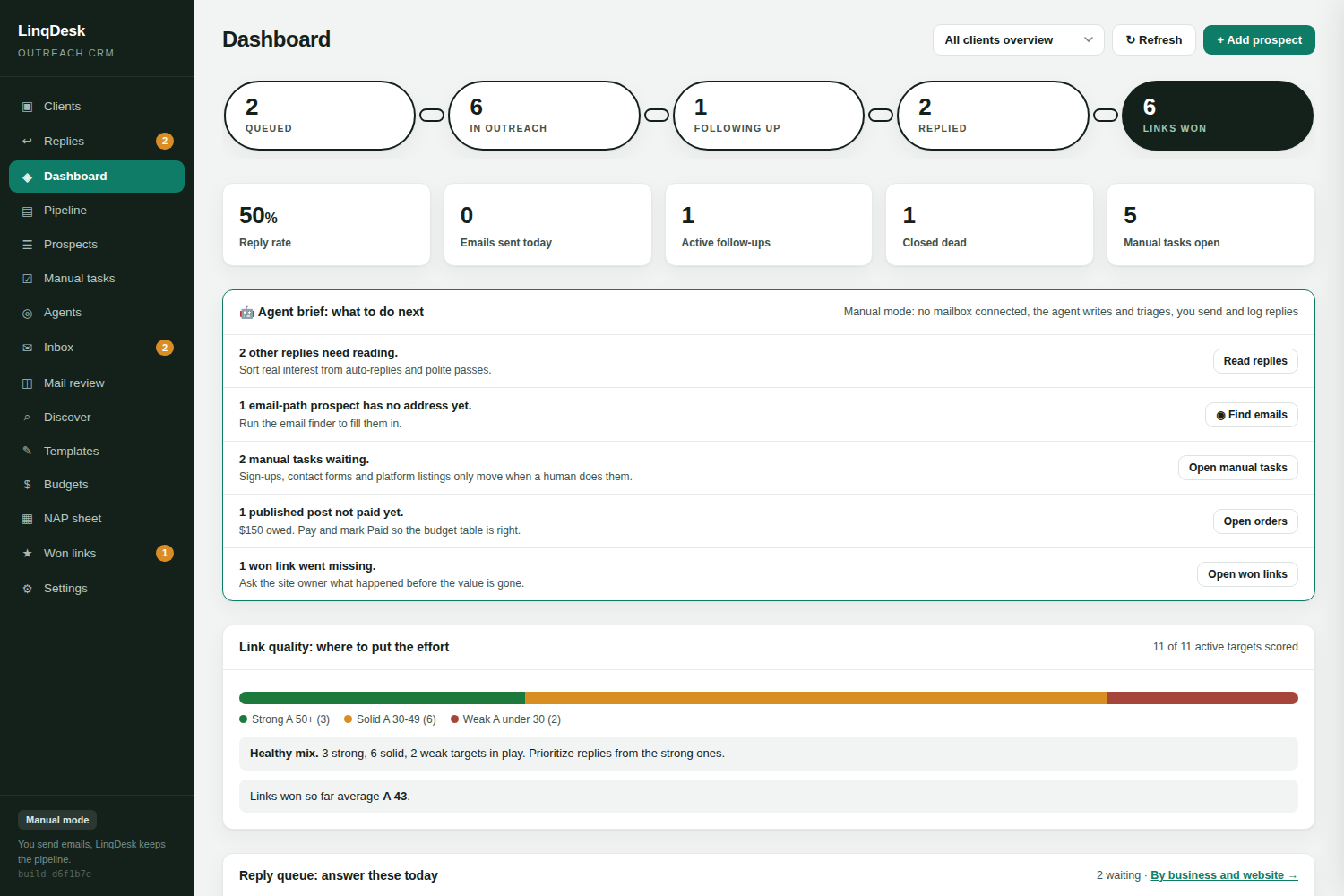 LinqDesk dashboard showing the pipeline counts and an agent brief listing what to do next