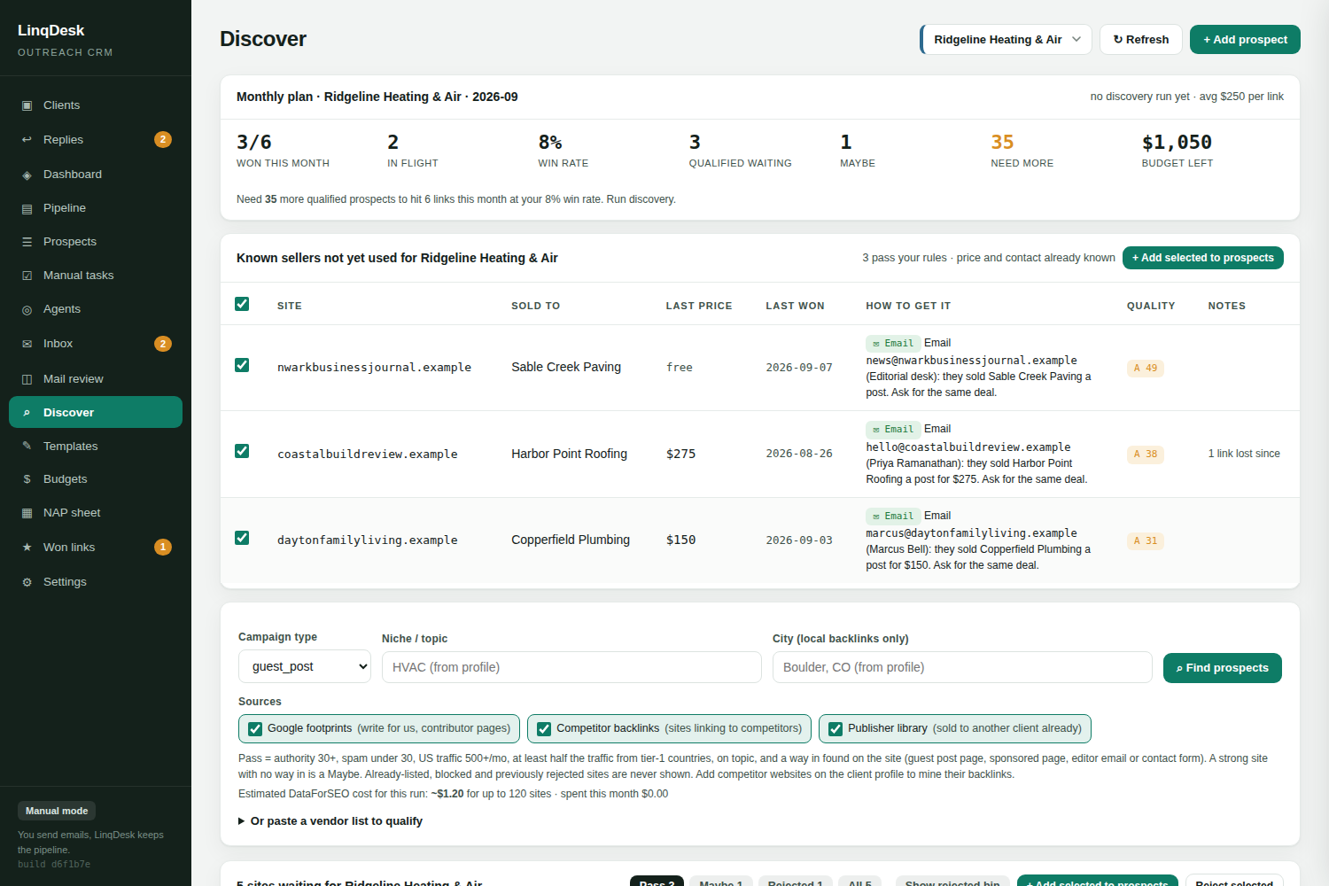 The Discover tab showing a monthly plan, known seller sites with prices, and the scoring rules