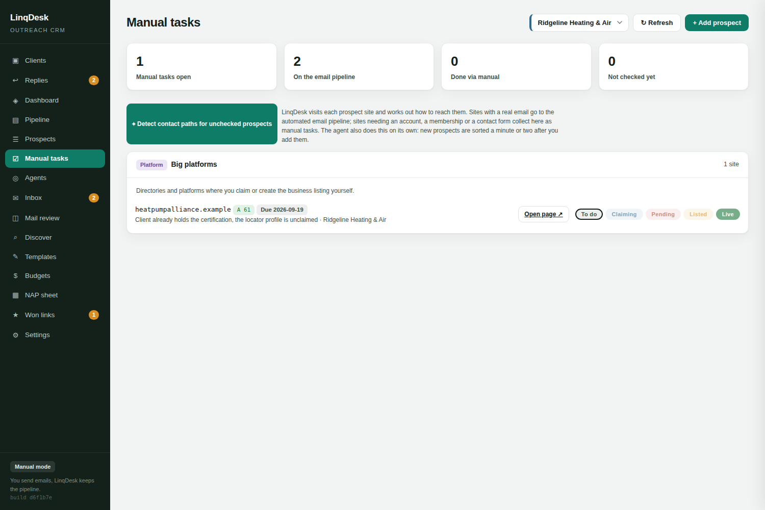 Manual tasks board grouped into sign-up needed, contact form only and platform listings
