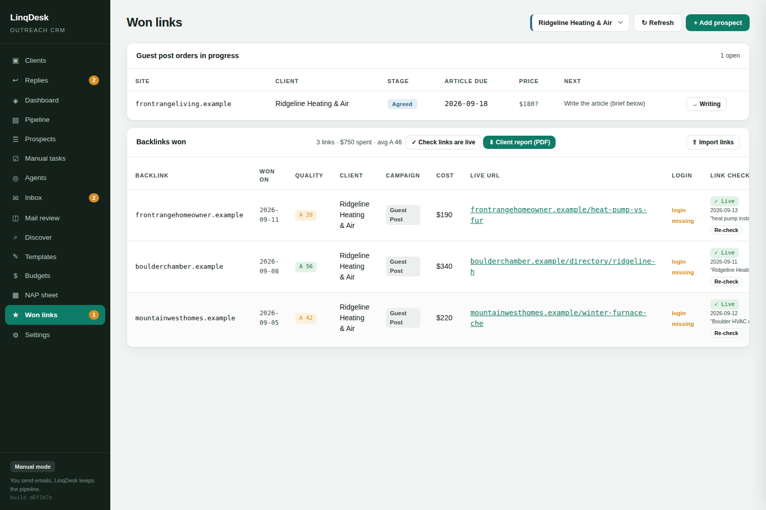 Won links page showing guest post orders in progress by stage, and the won backlinks table