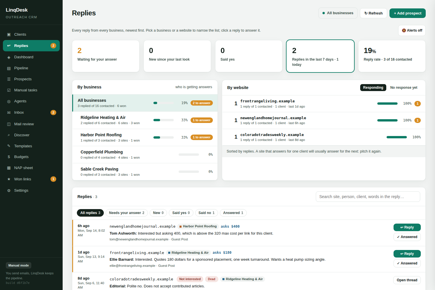 The Replies page showing reply counts, a by-business list, a by-website leaderboard and the reply feed